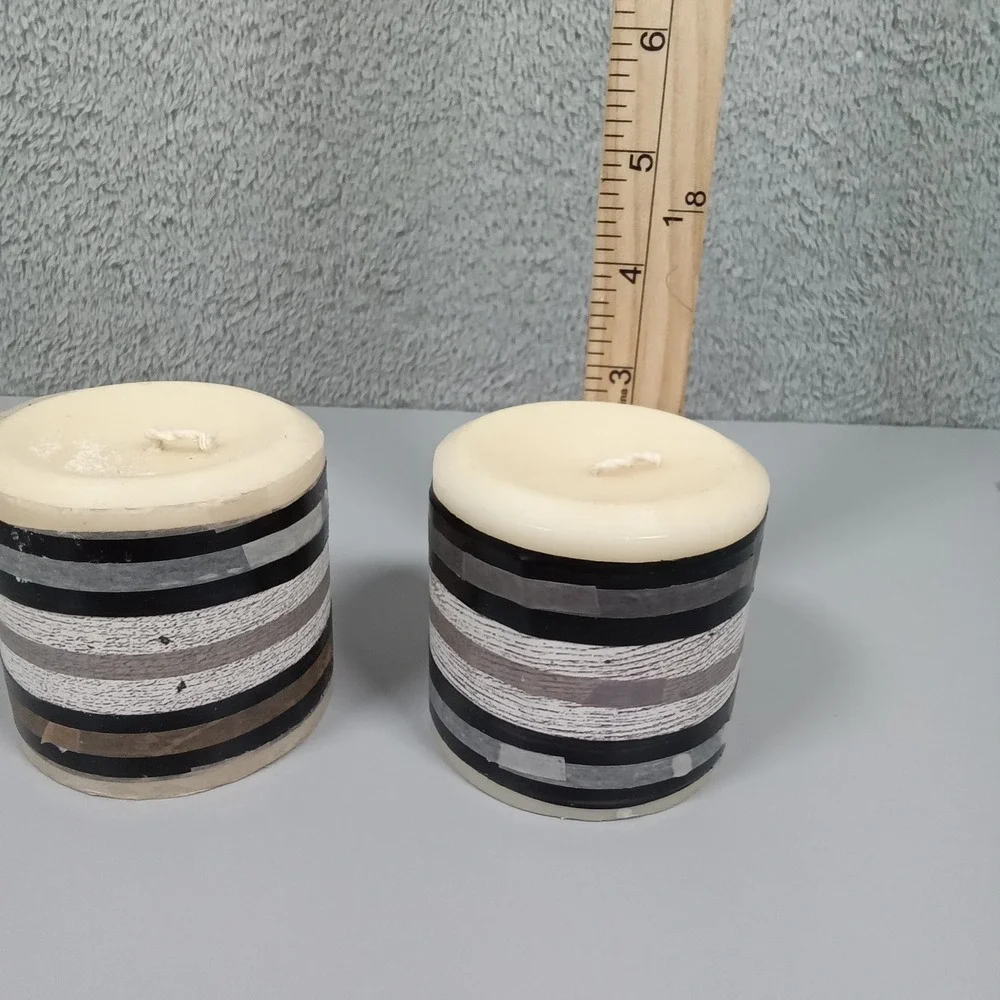 Set of 2 Modern Striped‎ Pillar Candles Black Grey White Tan Neutral Decor 3x3